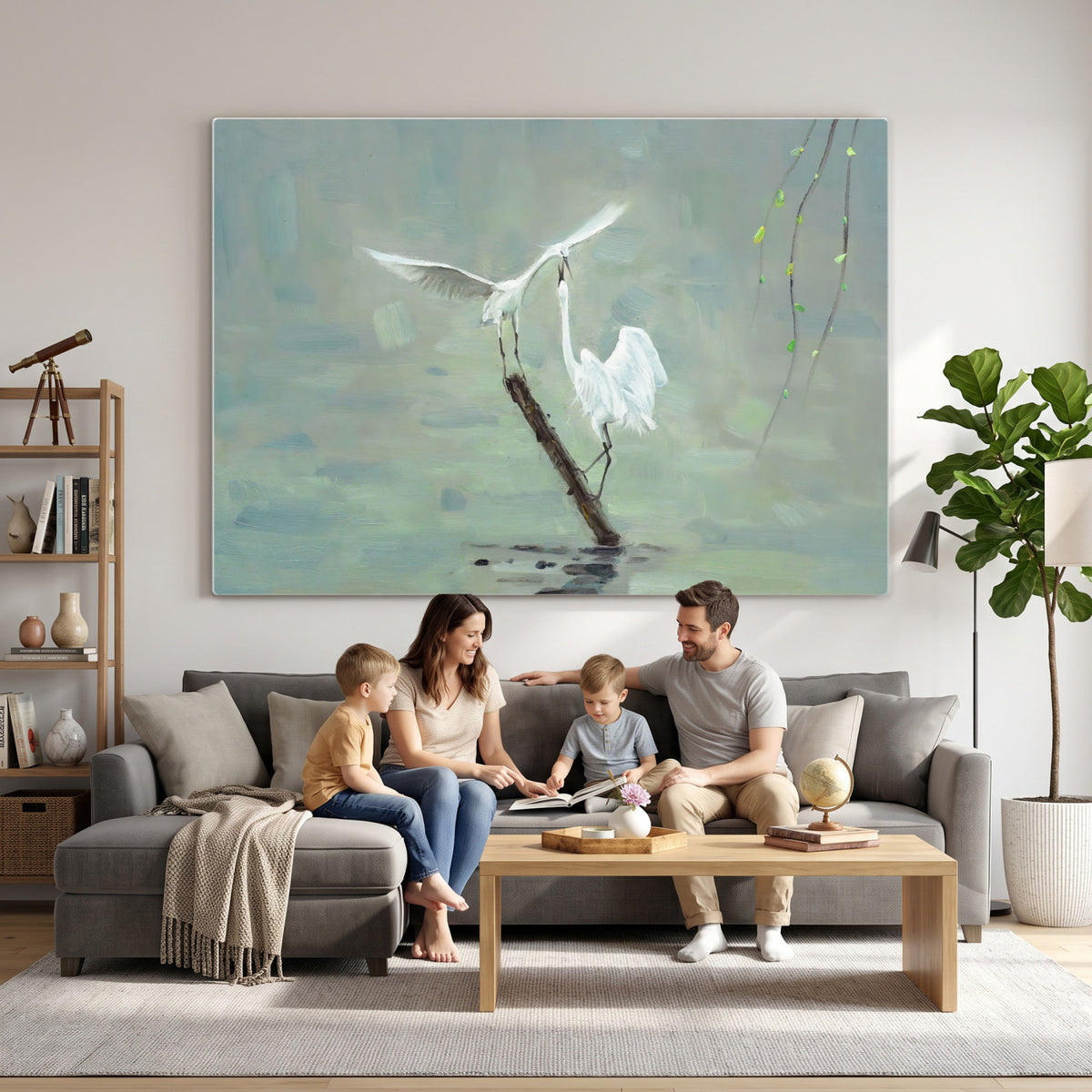 91124838-MGV-CV-36X24 - Two White Egrets on Marsh Branch Wall Art Canvas Print - Vintage Style Coastal Bird Poster
