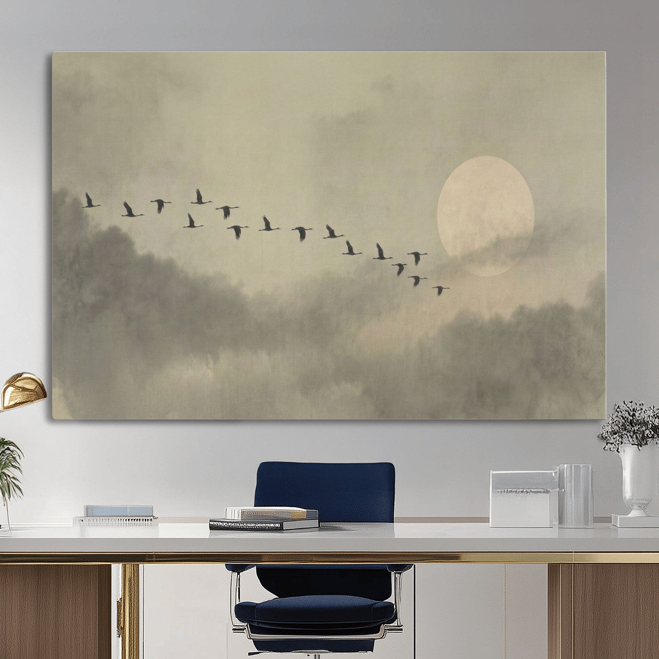 12098149-MGV-CV-36X24 - Flock of Birds Flying to Full Moon Wall Art Canvas Print - Vintage Surreal Clouds Painting