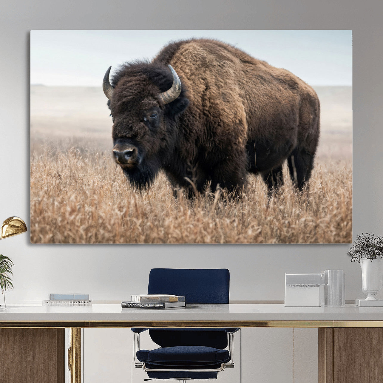 81029583-MGV-CV-36X24 - American Bison in Prairie Field Wall Art Canvas Print - Rustic Wildlife Photography