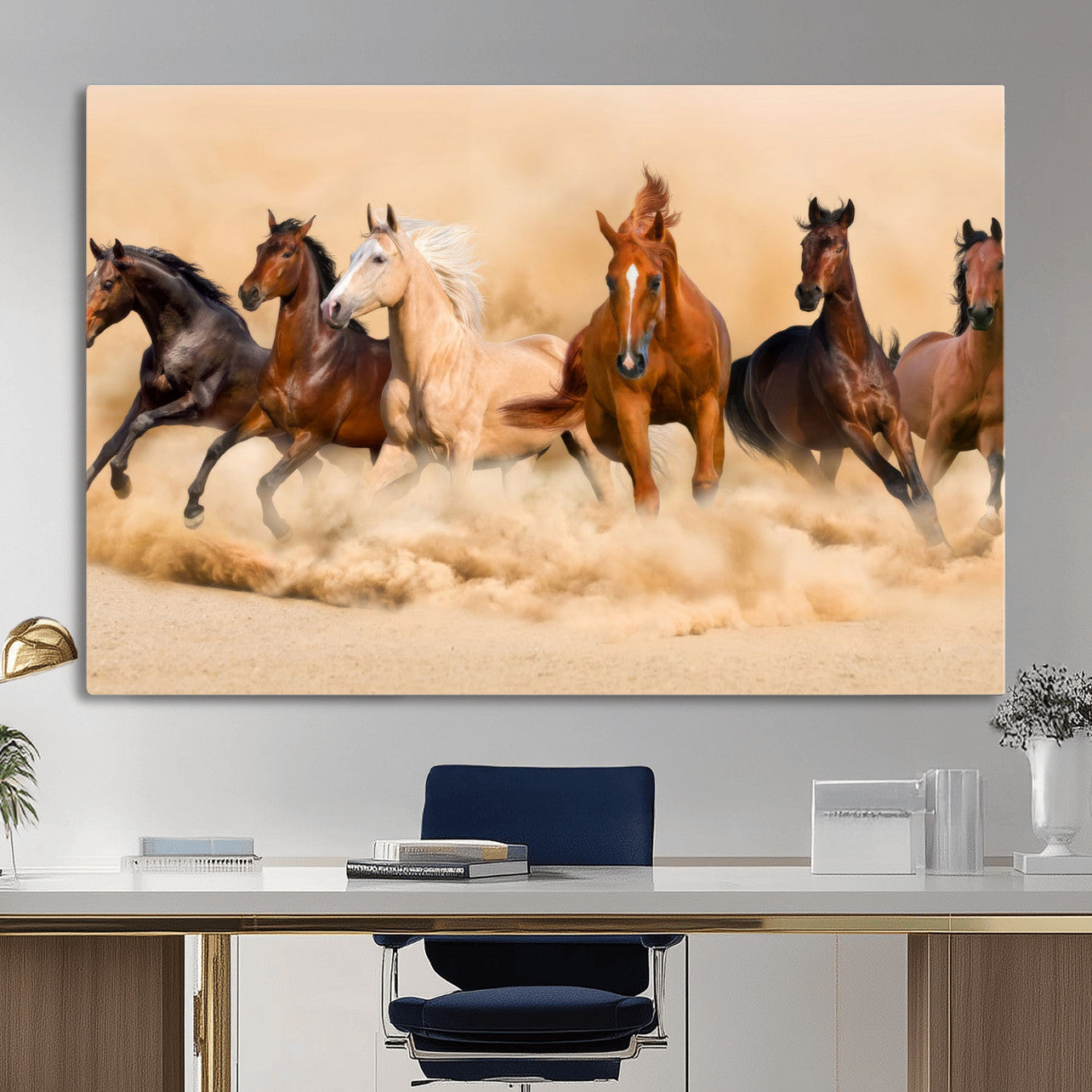 90610949-MGV-CV-36X24 - Herd of Six Wild Horses Galloping in Dust Storm Wall Art Canvas Print - Majestic Wildlife Decor