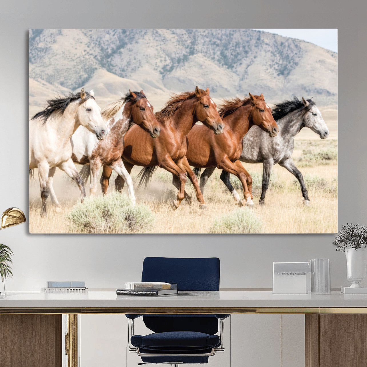 68345893-MGV-CV-36X24 - Five Mustangs Running Wild in Mountain Valley Wall Art Canvas Print - Rustic Western Decor