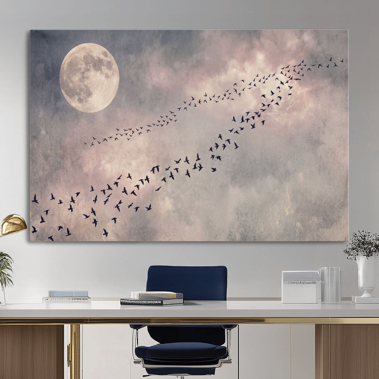 52339590-MGV-CV-36X24 - Birds Flying to Moon Wall Art Canvas Print - Vintage Surreal Night Sky Sky Print