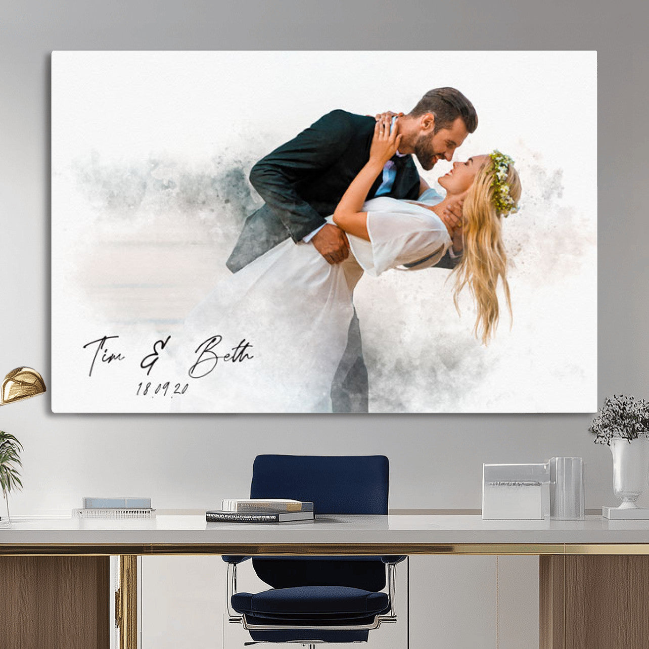 39726003-MGV-CV-36X24 - Watercolor Couple Portrait from Photo, Custom Wedding Anniversary Gift for Wife Husband Parents, Engagement Gift for Friend