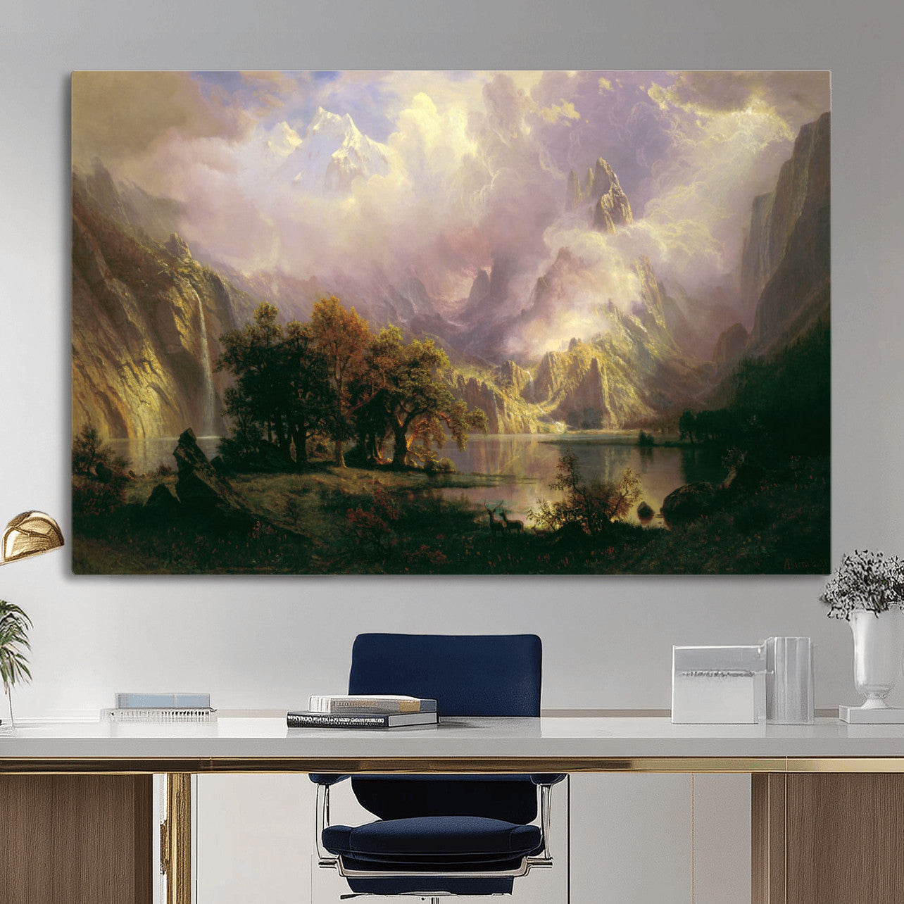 49189463-MGV-CV-36X24 - Albert Bierstadt Rocky Mountain Landscape Wall Art Canvas Print, Classic Fine Art Painting Print