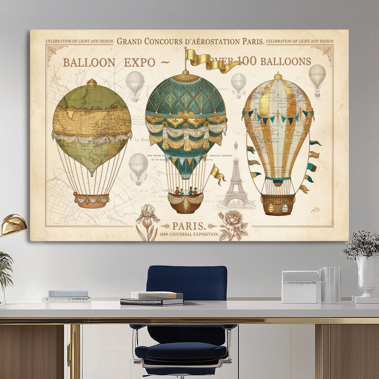 31530449-MGV-CV-36X24 - Kimberly Allen Paris Balloon Expo Wall Art Canvas Print, Vintage 1889 French Hot Air Balloon Poster
