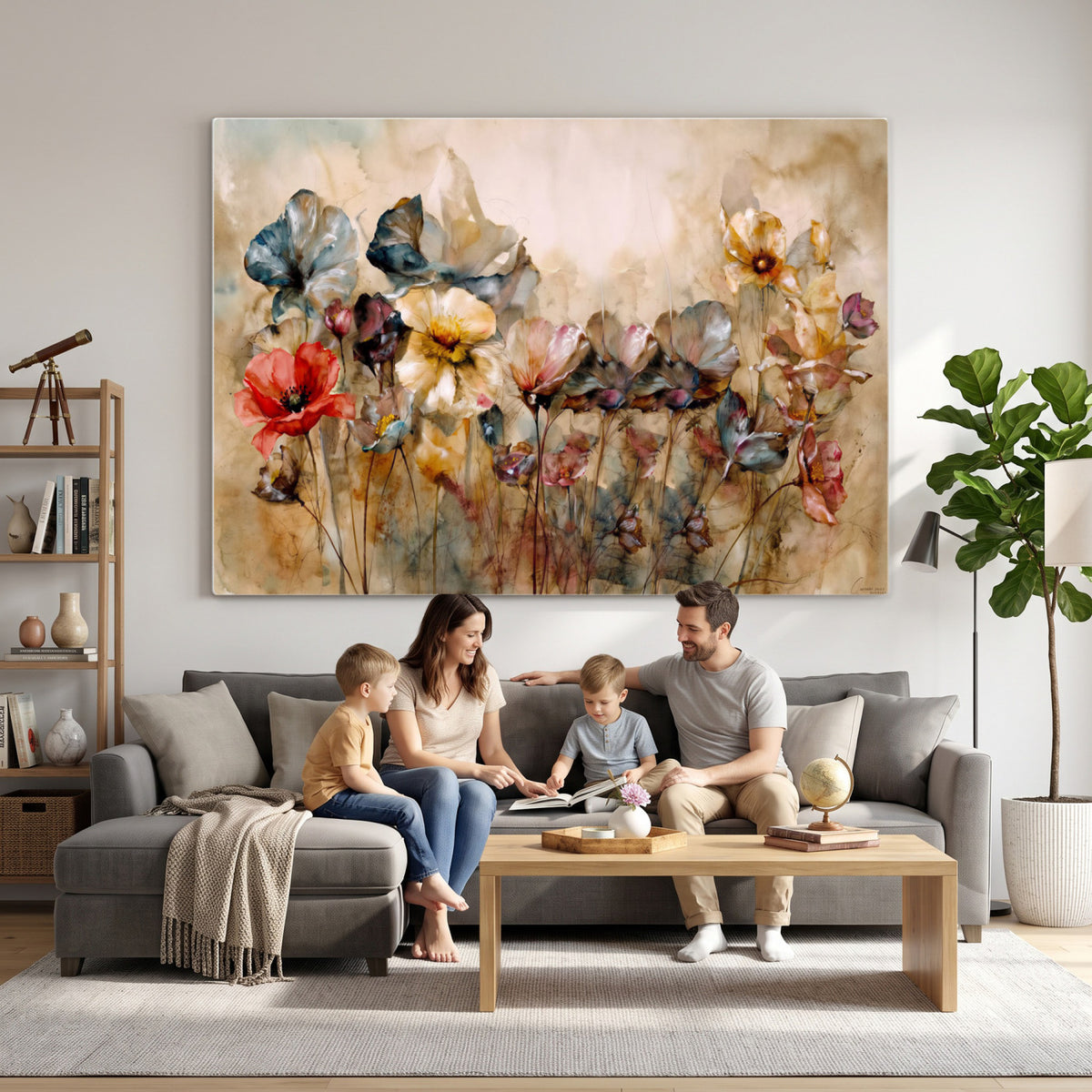 11407233-MGV-CV-36X24 - Vintage Dried Floral Meadow Wall Art Canvas Print, Translucent Watercolor Flowers Painting Print