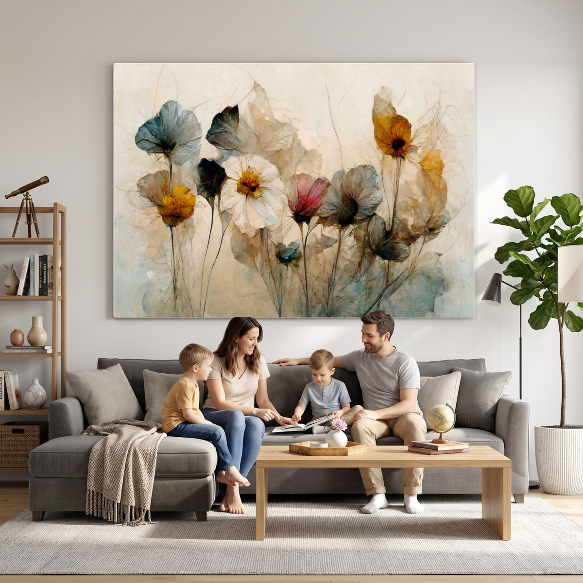 86802229-MGV-CV-36X24 - Vintage Dried Floral Meadow Wall Art Canvas Print, Translucent Watercolor Flowers Painting Print