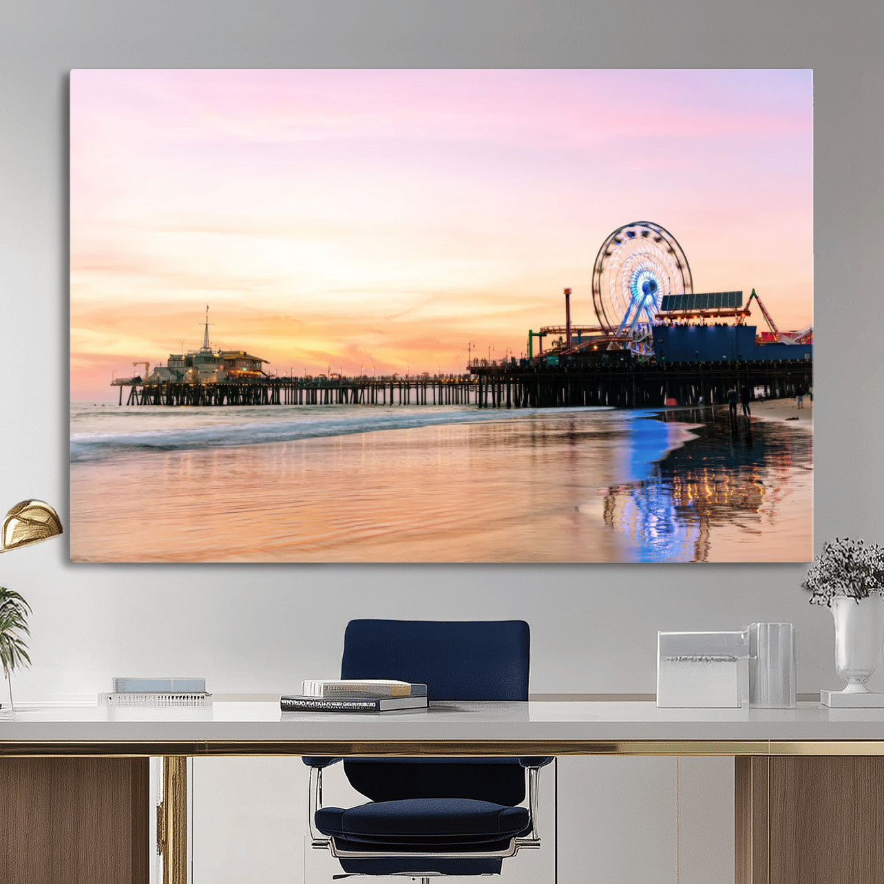 27381272-MGV-CV-36X24 - Santa Monica Pier Sunset Beach Wall Art Canvas Print, California Ferris Wheel Photo Print