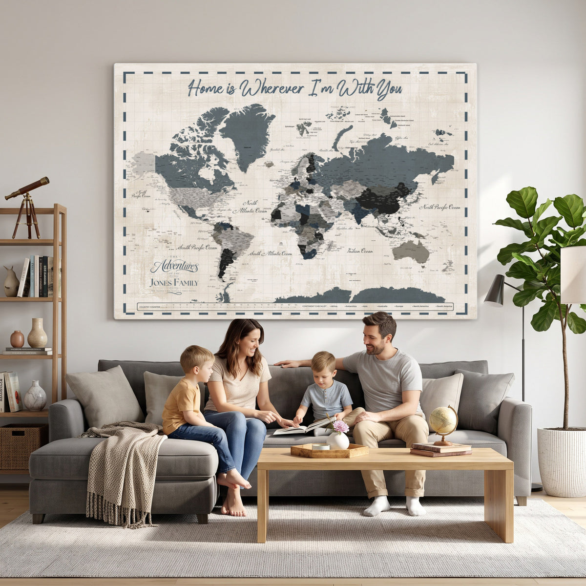 400867164-MGV-CV-36X24 - Framed Blue Custom Push Pin World Map Canvas Print – Personalized Travel Map Wall Art