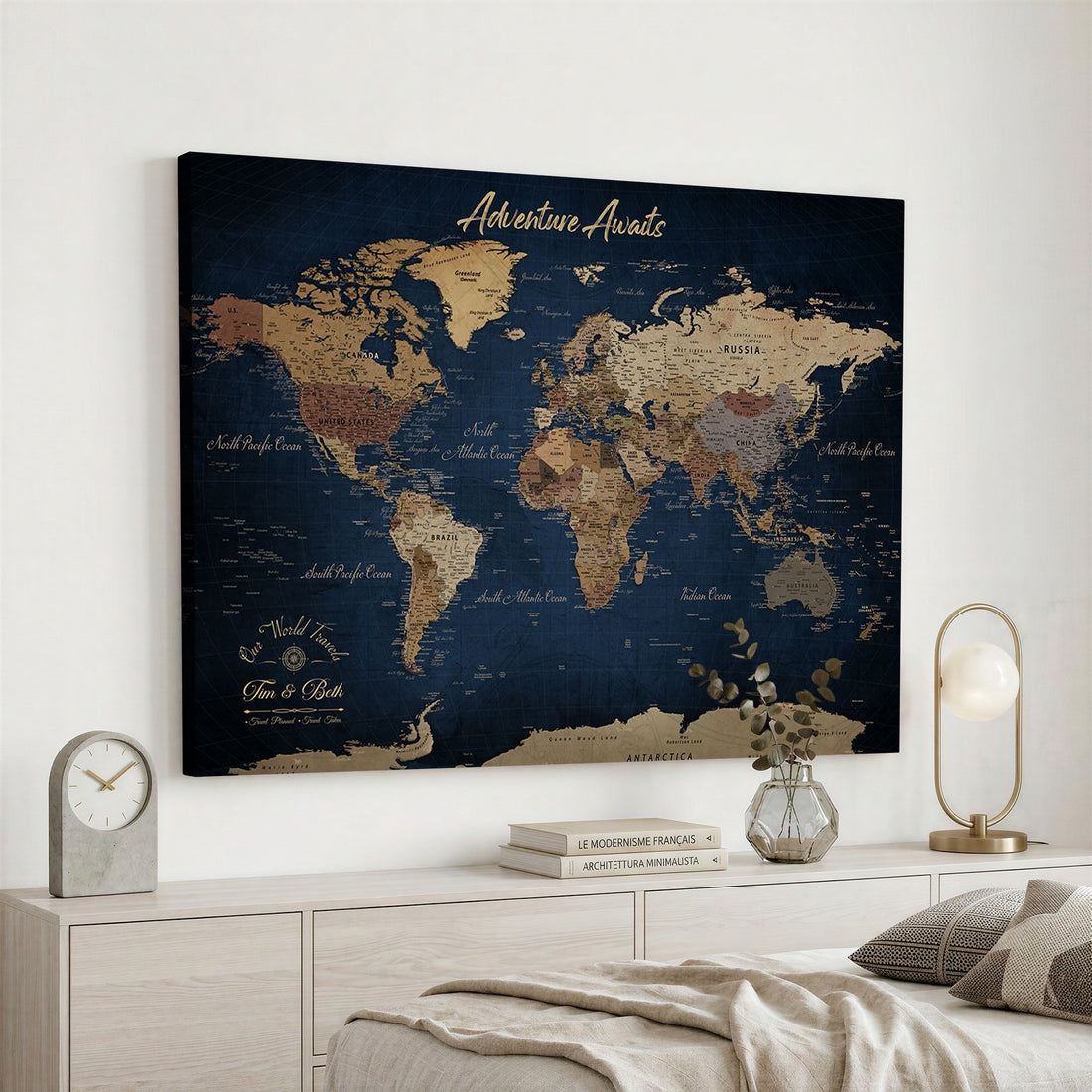 Custom Push Pin Travel Map Canvas Print, Family Travel Tracker, Study and Entryway Decor