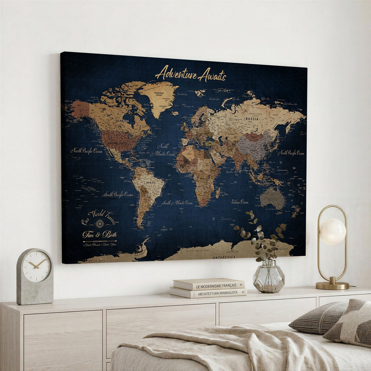 74477969-MGV-CV-36X24 - Custom Push Pin Travel Map Canvas Print, Family Travel Tracker, Study and Entryway Decor