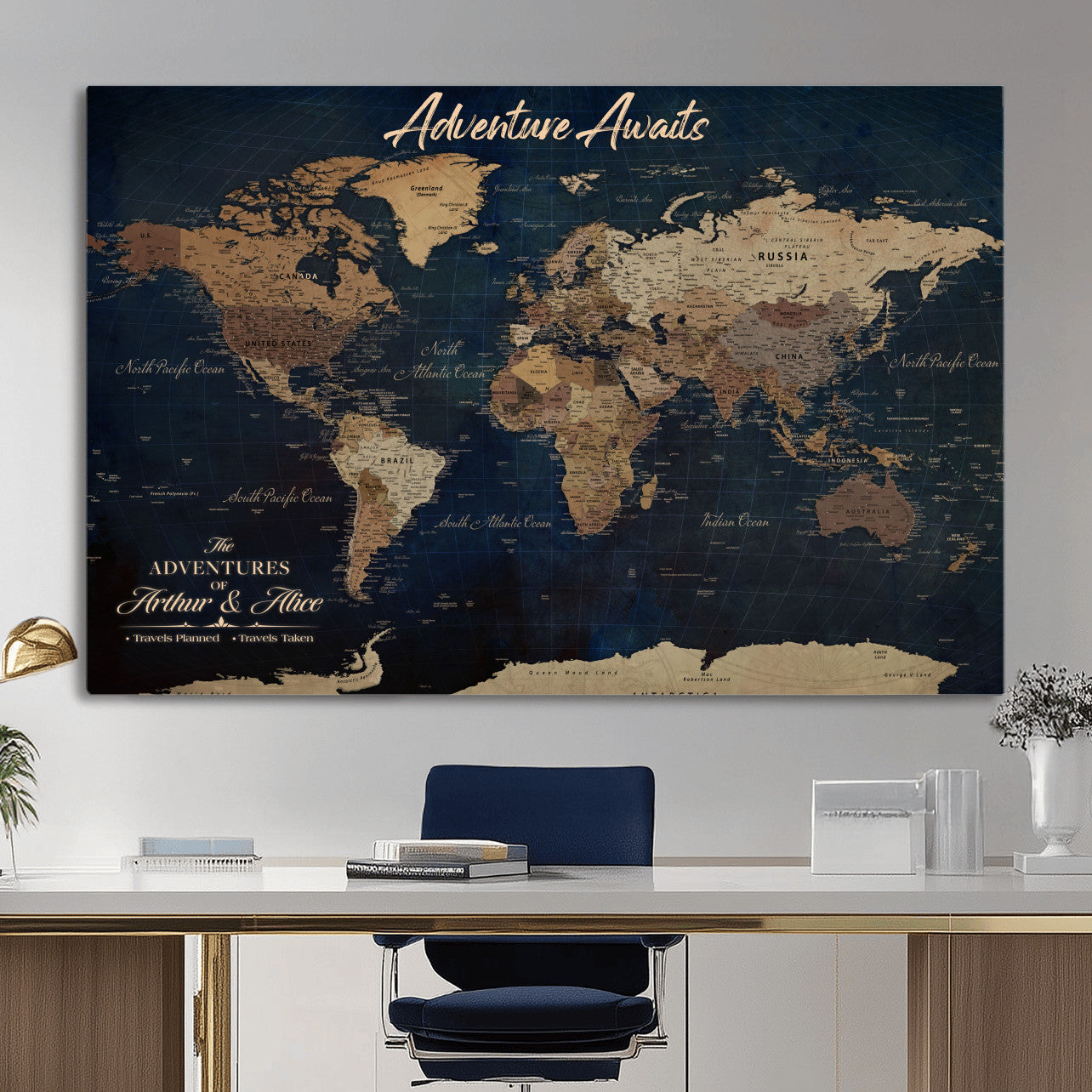 74477969-MGV-CV-36X24 - Custom Push Pin World Map Canvas | Personalized Travel Tracker | Wedding Anniversary Gift for Couples | Adventure Map Wall Art with Pins