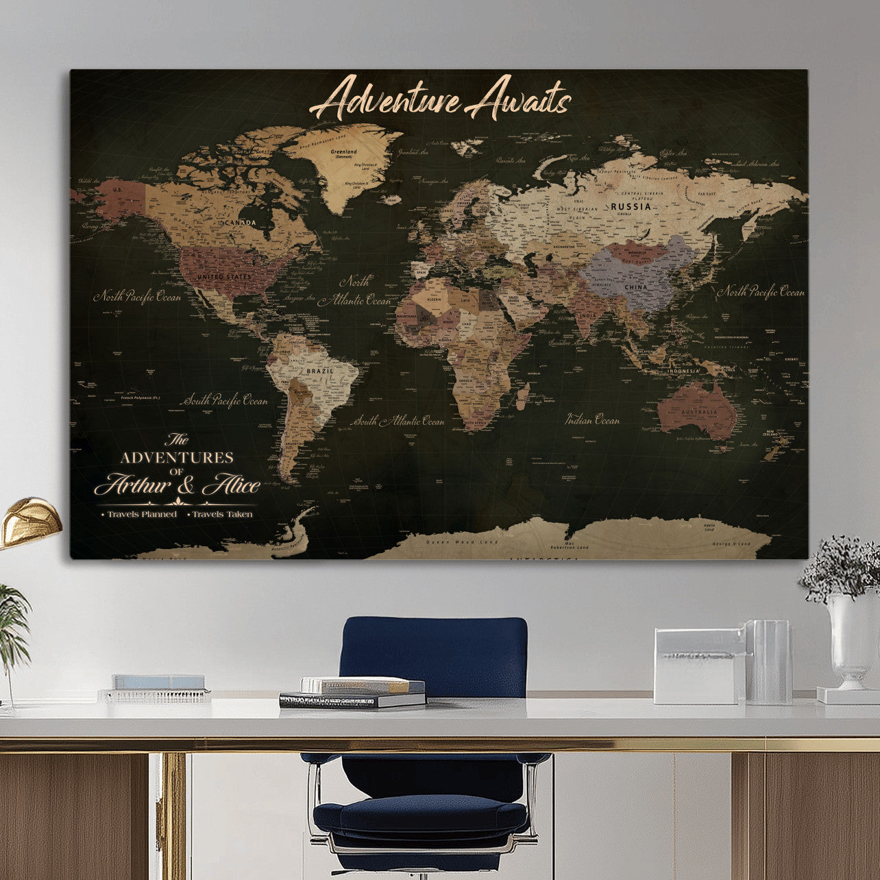46935759-MGV-CV-36X24 - Custom Push Pin World Map Canvas | Personalized Travel Tracker | Wedding Anniversary Gift for Couples | Adventure Map Wall Art with Pins