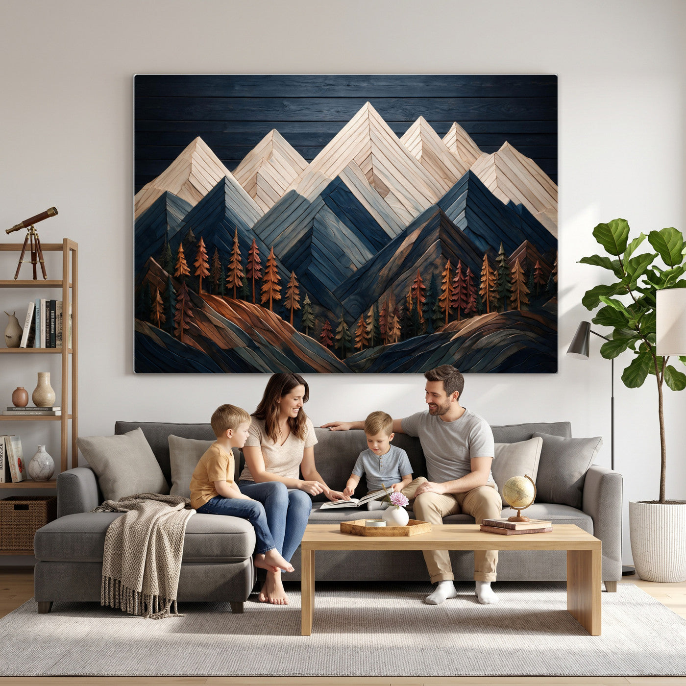 87765072-MGV-CV-36X24 - Geometric Wood Mountain Wall Art Canvas Print, 3D Look Rustic Mosaic Landscape Print