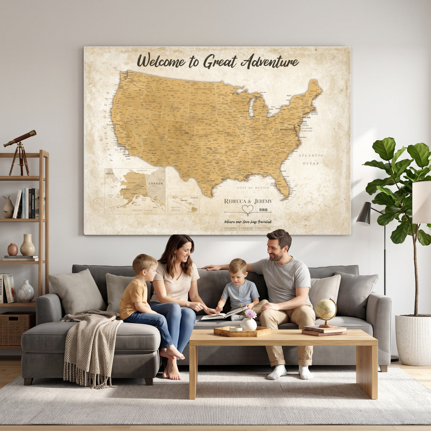 81437082-MGV-CV-36X24 - Custom Push Pin Travel USA Map Canvas Print, Cream Personalized Travel Tracker America Map, Anniversary Traveler Gift
