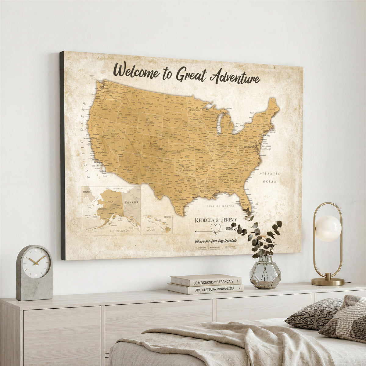 81437082-MGV-CV-36X24 - Custom Push Pin Travel USA Map Canvas Print, Cream Personalized Travel Tracker America Map, Anniversary Traveler Gift