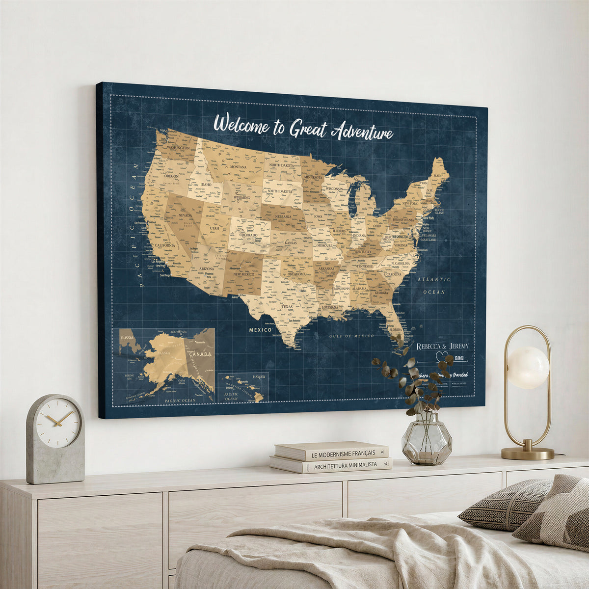58851035-MGV-CV-36X24 - Custom Push Pin Travel USA Map Canvas Print, Cream Personalized Travel Tracker America Map, Anniversary Traveler Gift