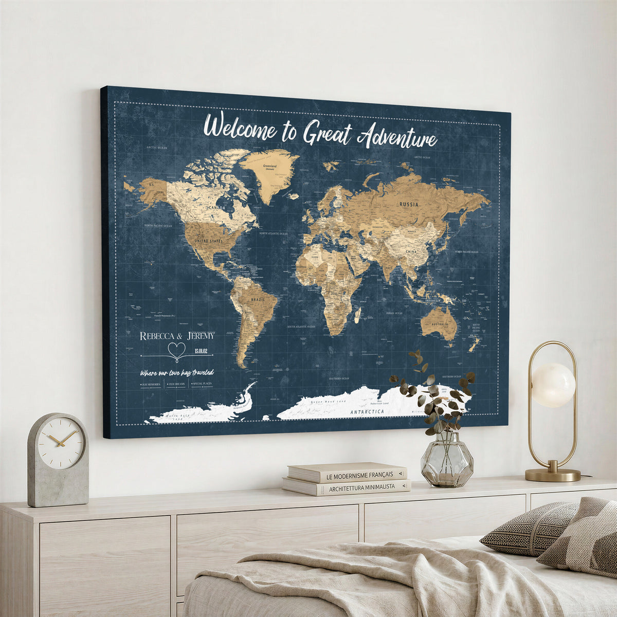 57167164-MGV-CV-36X24 - Custom Push Pin Travel Map Canvas Print, Cream Personalized Travel Tracker Map, Anniversary Gift, Vintage World Map Wall Art