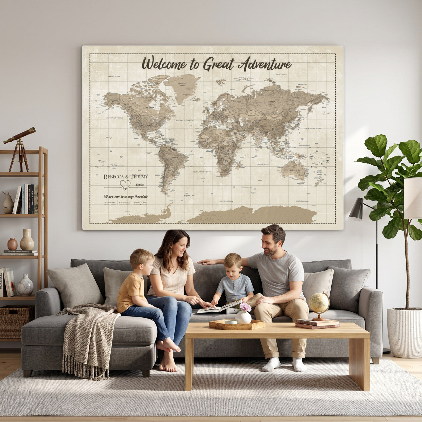51180020-MGV-CV-36X24 - Custom Push Pin Travel Map Canvas Print, Cream Personalized Travel Tracker Map, Anniversary Gift, Vintage World Map Wall Art