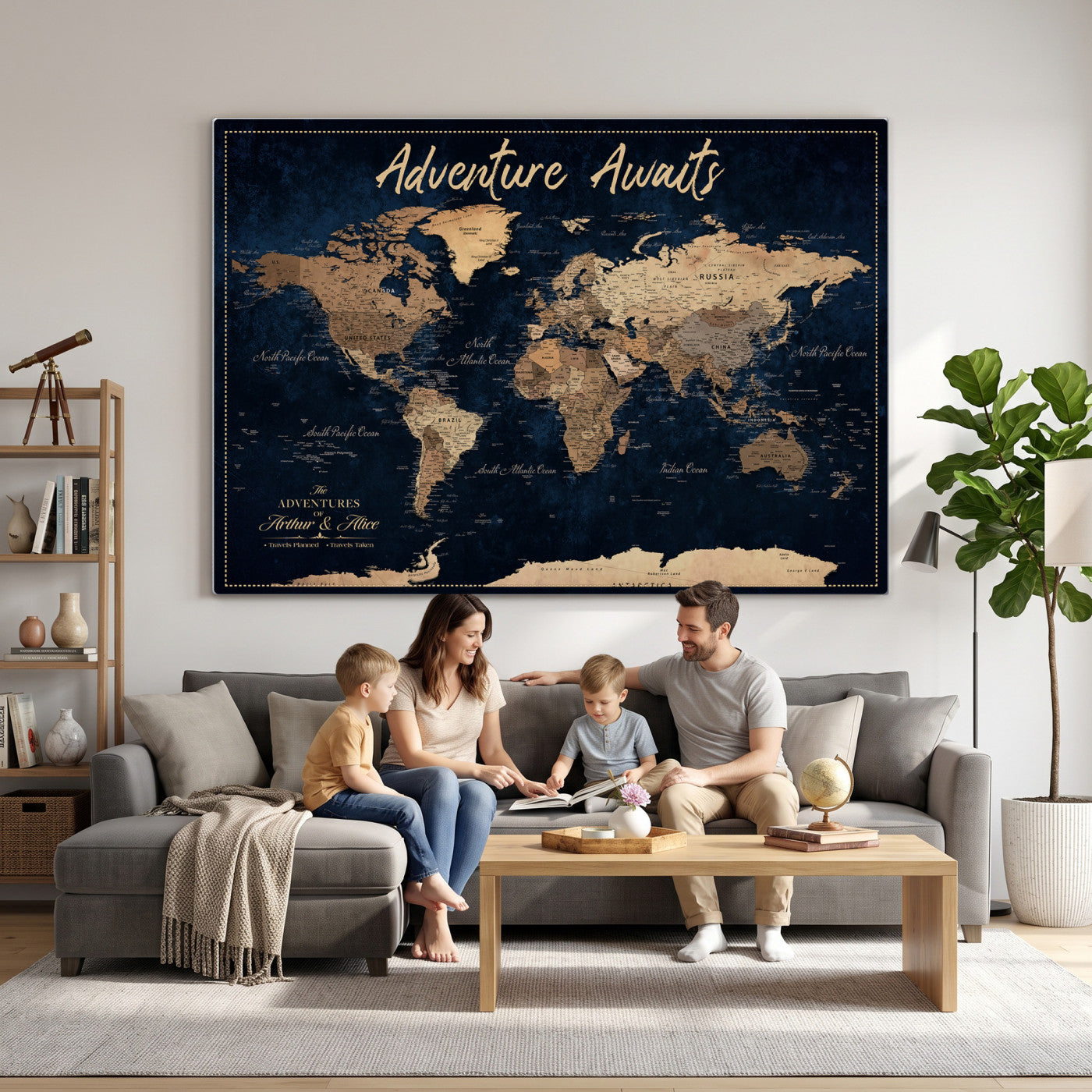 57167164-MGV-CV-36X24 - Custom Push Pin Travel Map Canvas Print, Navy Blue Personalized Travel Tracker Map, Anniversary Gift, Vintage World Map Wall Art