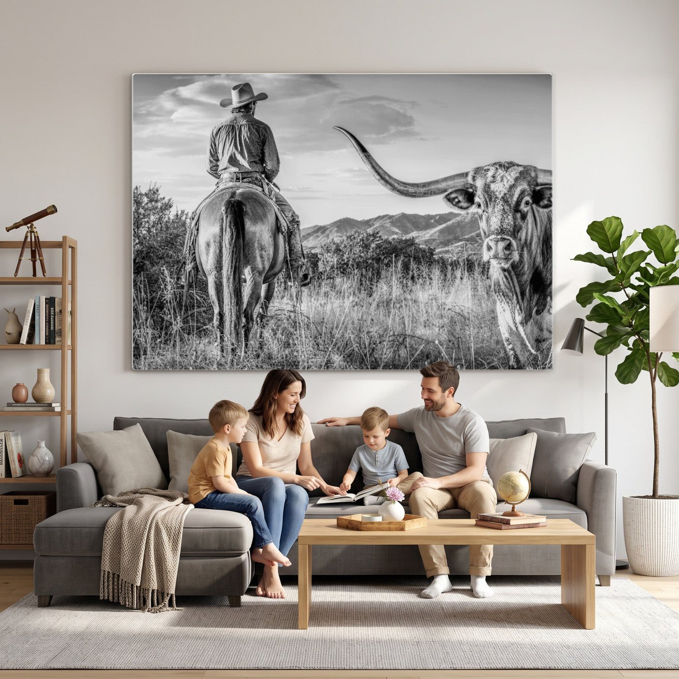 62076449WB-MGV-CV-36X24 - Texas Cowboy and Longhorn Bull Print for Western Wall Art Decor for Farmhouse