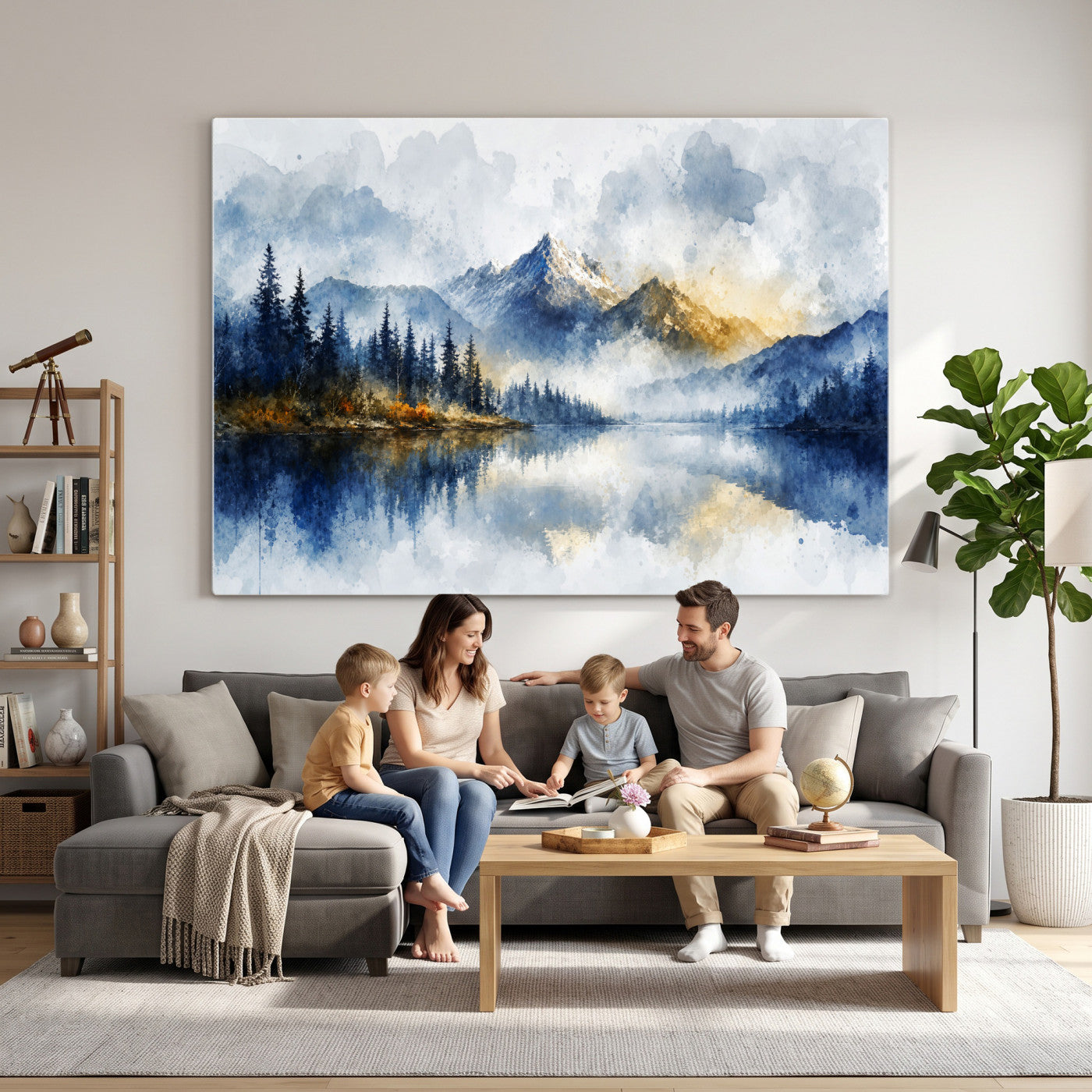 62076449DG-MGV-CV-36X24 - Abstract Watercolor Mountain Lake Wall Art Print for Living Room Decor