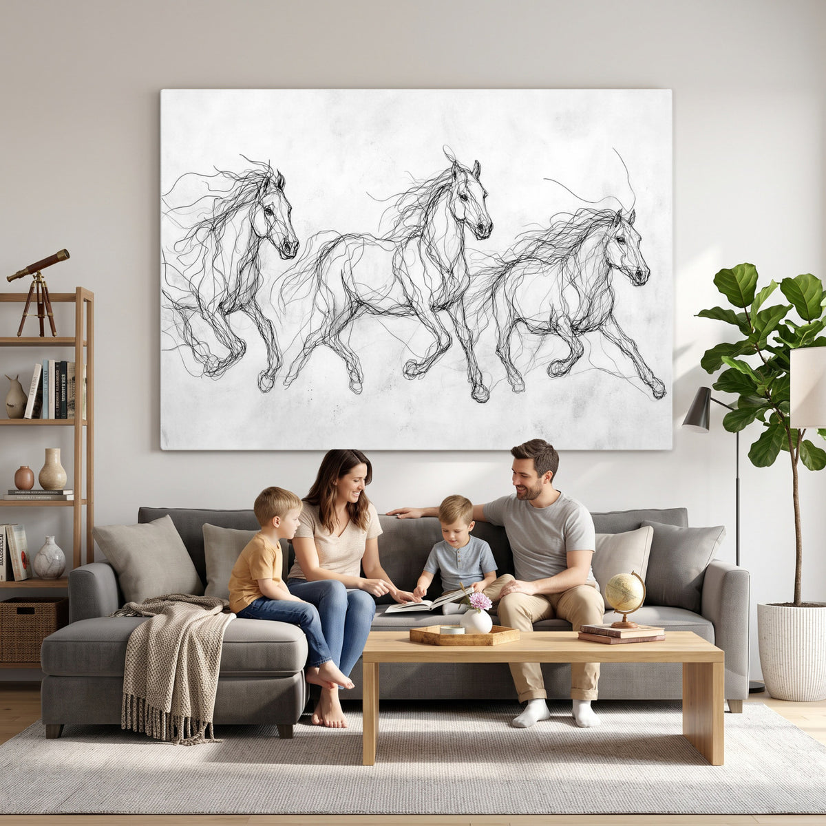 53600119-MGV-CV-36X24 - Monochrome Horse Canvas Wall Art, Black Ink Sketch Wild Horses Print, Minimalist Equestrian Artwork, Modern Abstract Line Decor, Urban Loft Gift