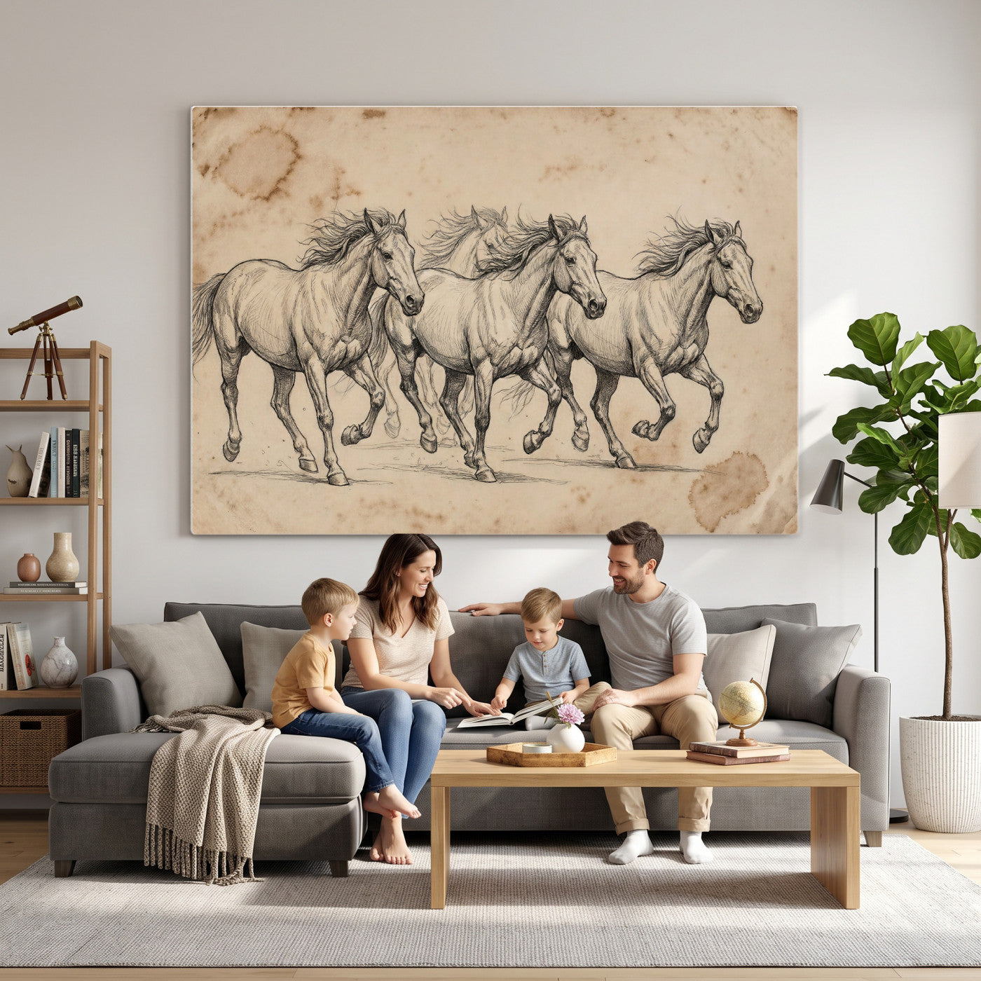56046981-MGV-CV-36X24 - Sepia Wild Horses Canvas Art, Antique Pencil Drawing Print, Vintage Gallery Wall Decor, Rustic Equestrian Artwork, Traditional Den Gift