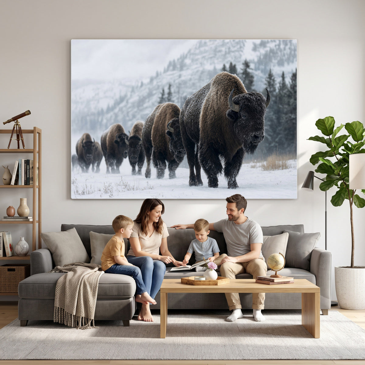 18343289-MGV-CV-36X24 - Rustic Bison Wall Art, American Buffalo Photo Print, Wildlife Canvas Artwork, Snowy Mountain Decor, Large Nature Poster, Cabin Gift Idea