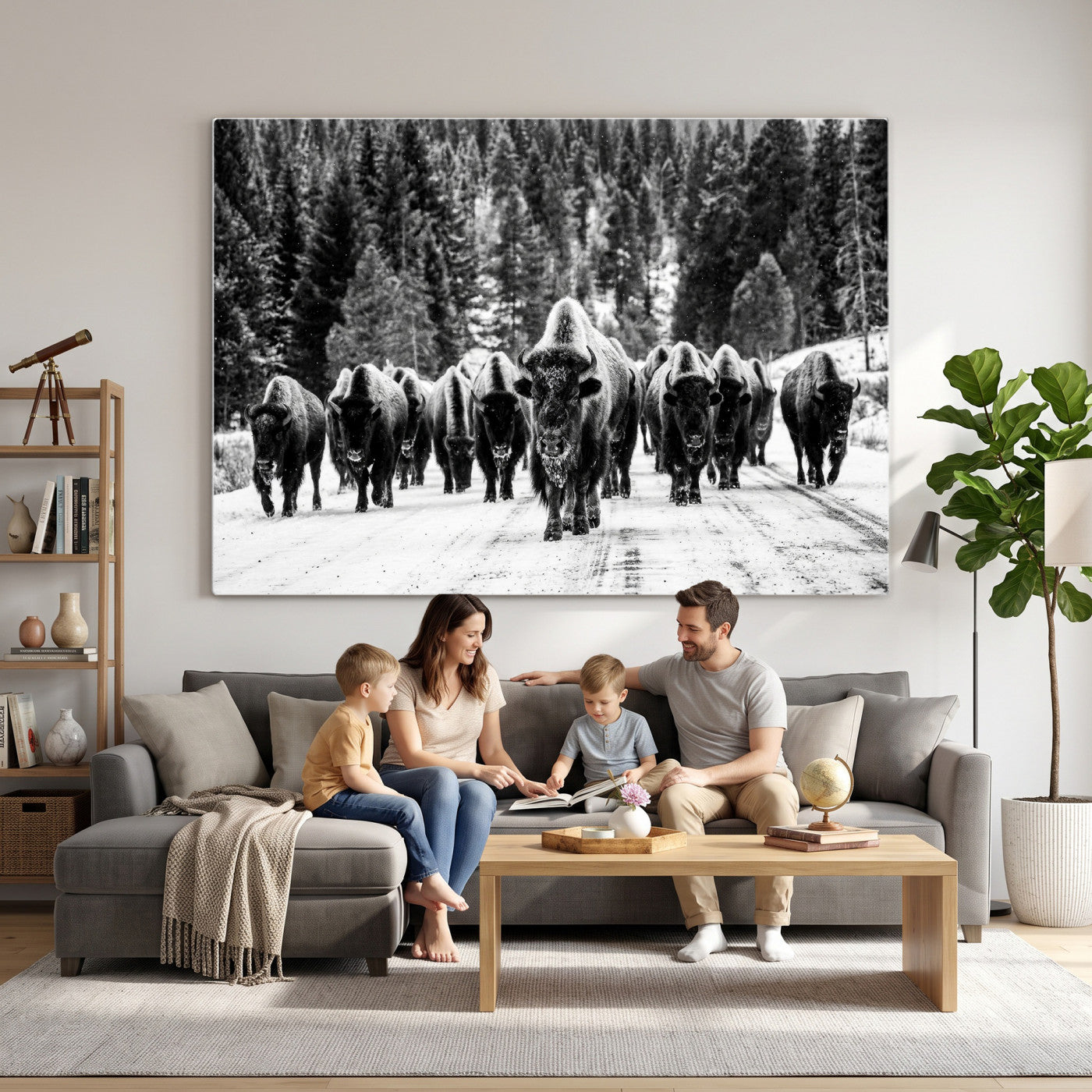 79337077-MGV-CV-36X24 - Black and White Bison Canvas Art, American Buffalo Print, Winter Wildlife Photography, Rustic Forest Wall Decor, Large Statement Nature Gift