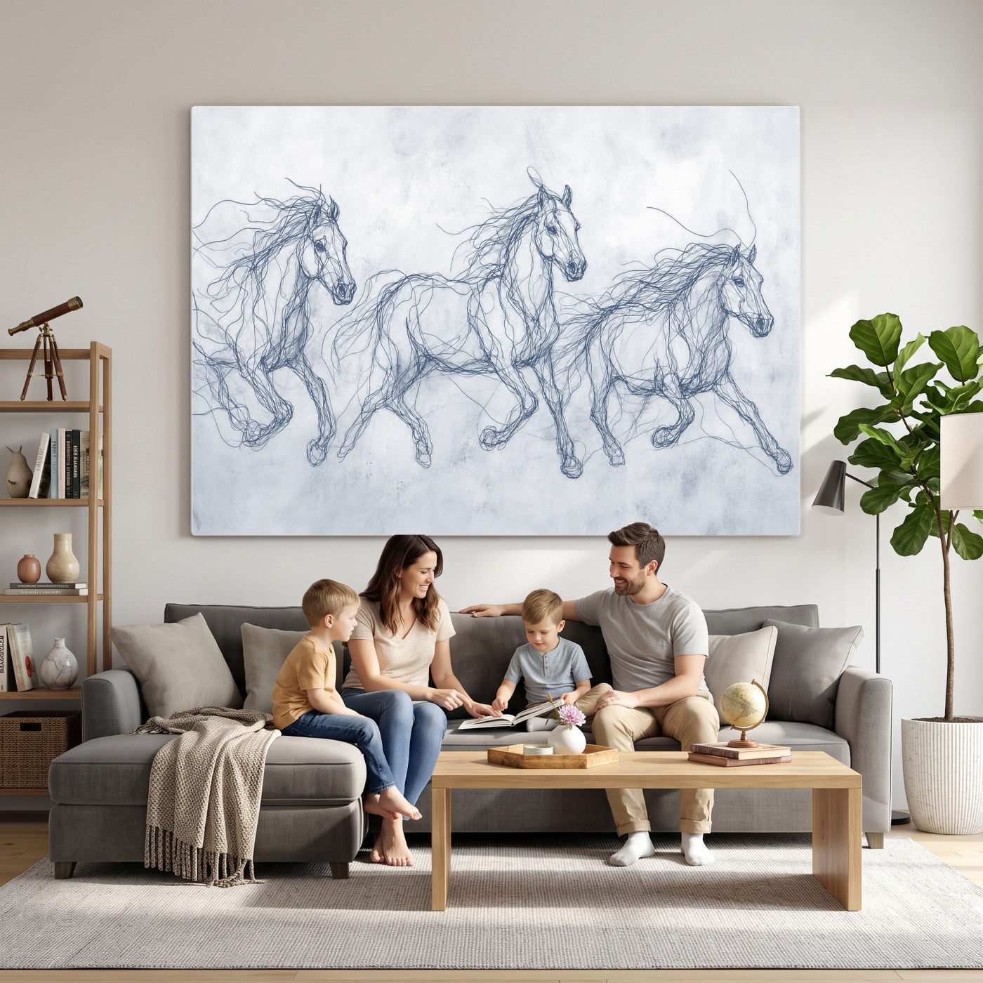 41163601-MGV-CV-36X24 - Indigo Blue Horse Line Art Canvas, Steel Grey Wild Horses Print, Abstract Navy Scribble Artwork, Modern Slate Equine Wall Decor, Coastal Ranch Gift