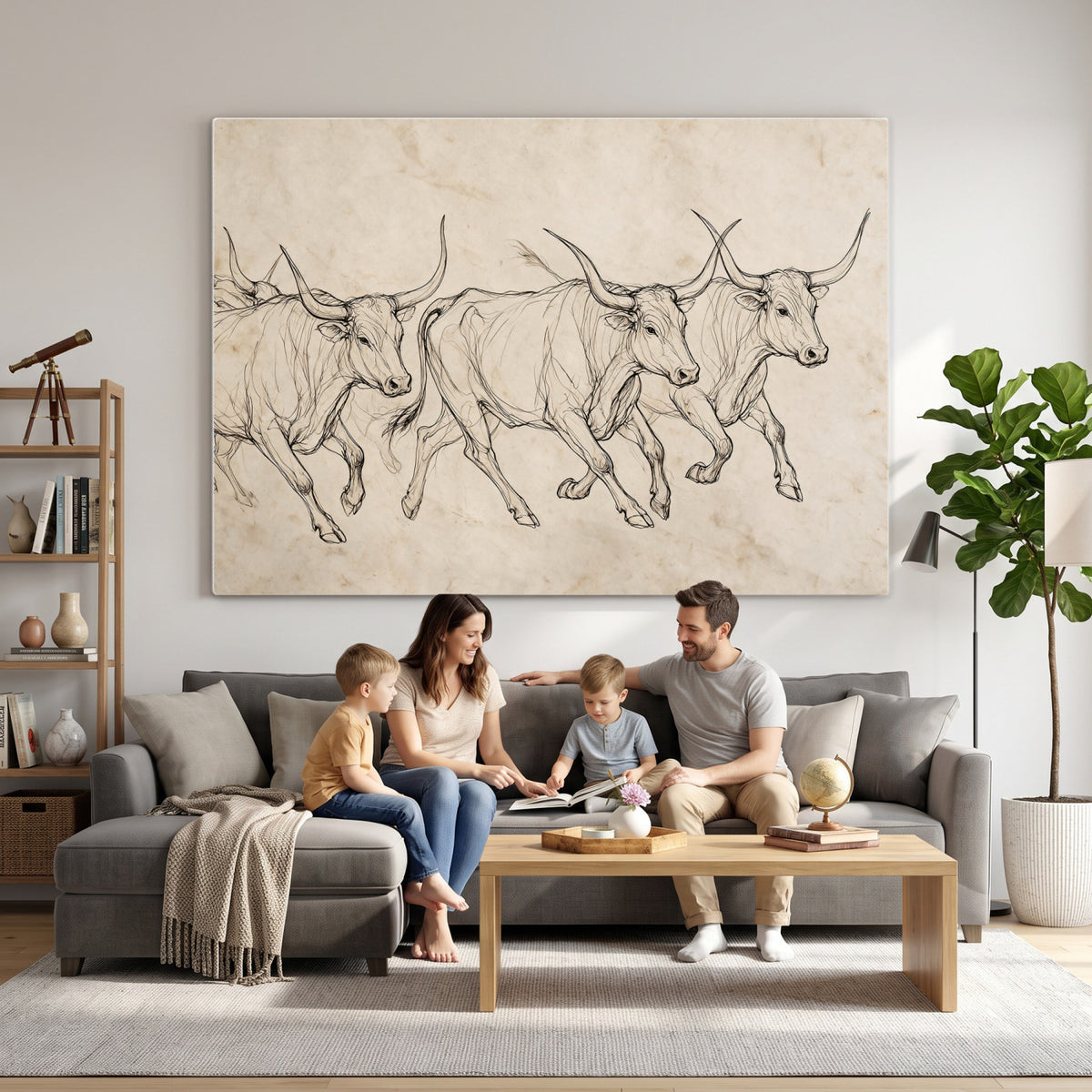 87177621-MGV-CV-36X24 - Minimalist Longhorn Line Art, Modern Texas Bull Canvas Print, Abstract Western Wall Decor, Continuous Line Artwork, Black White Ranch Gift