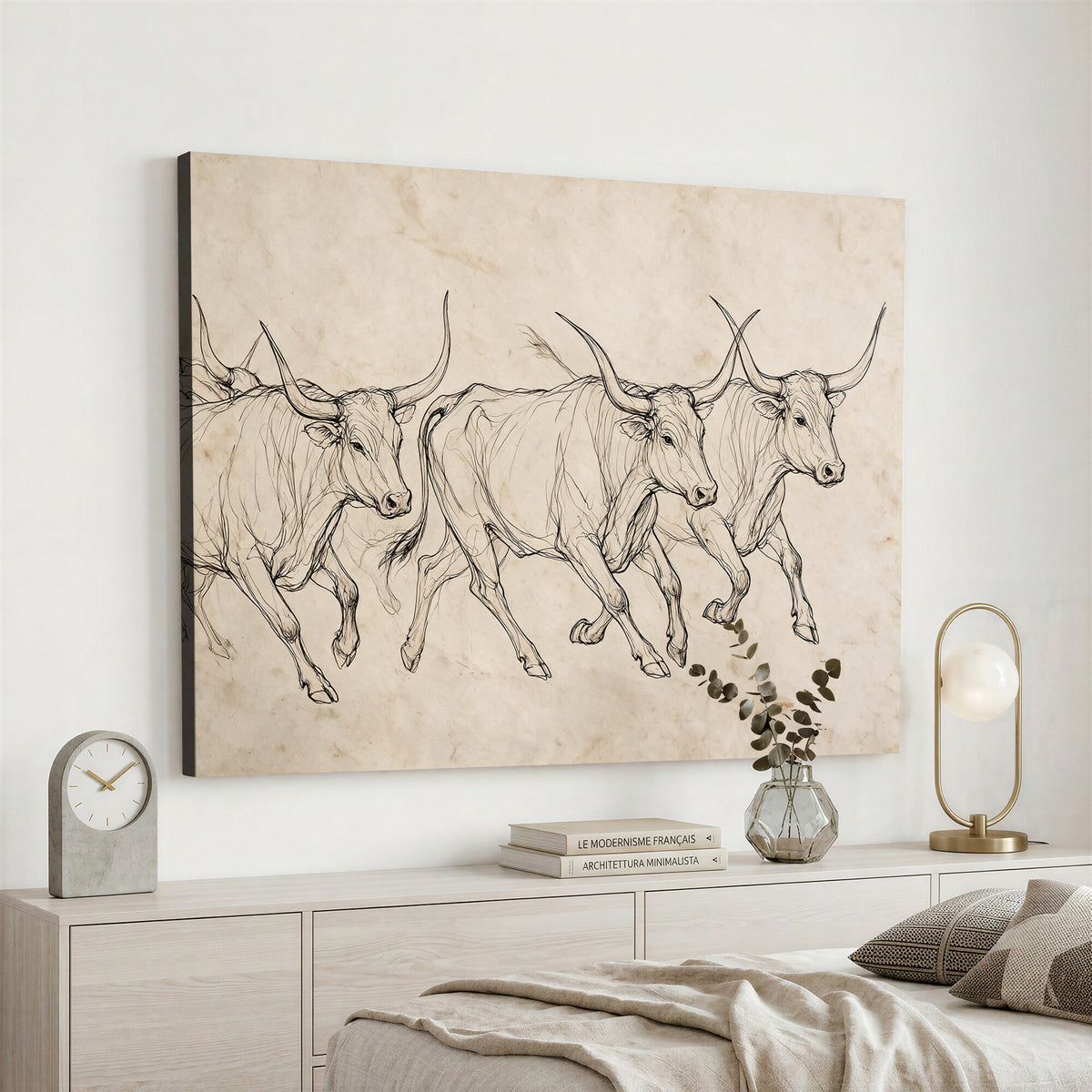 87177621-MGV-CV-36X24 - Minimalist Longhorn Line Art, Modern Texas Bull Canvas Print, Abstract Western Wall Decor