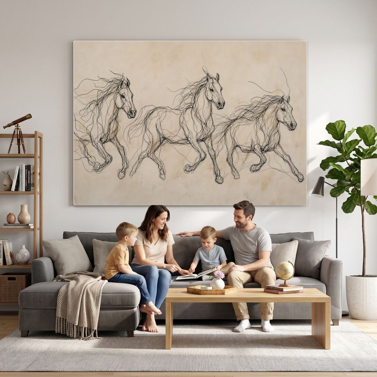 81051673-MGV-CV-36X24 - Abstract Horse Line Art Canvas, Gesture Sketch Wild Horses Print, Modern Scribble Artwork, Minimalist Equine Wall Decor, Rustic Studio Gift