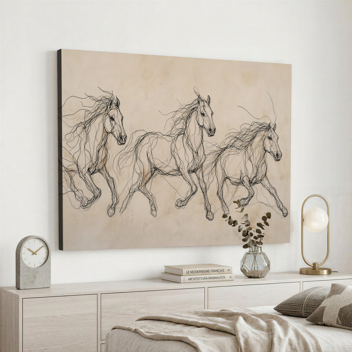 81051673-MGV-CV-36X24 - Abstract Horse Line Art Canvas, Gesture Sketch Wild Horses Print, Minimalist Equine Decor