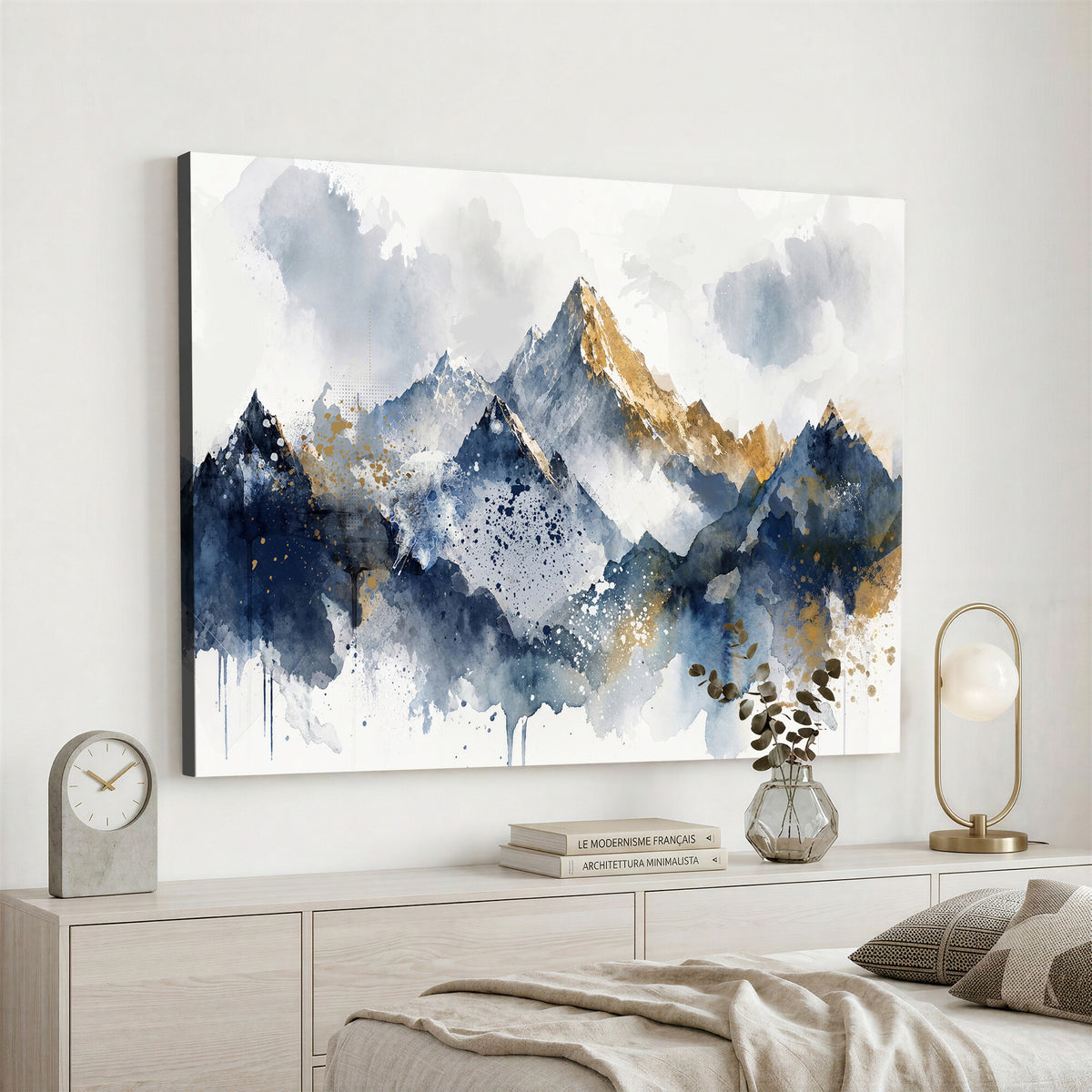87460616-MGV-CV-36X24 - Abstract Mountain Canvas Wall Art, Blue Gold Foil Landscape Print, Modern Indigo Wall Decor