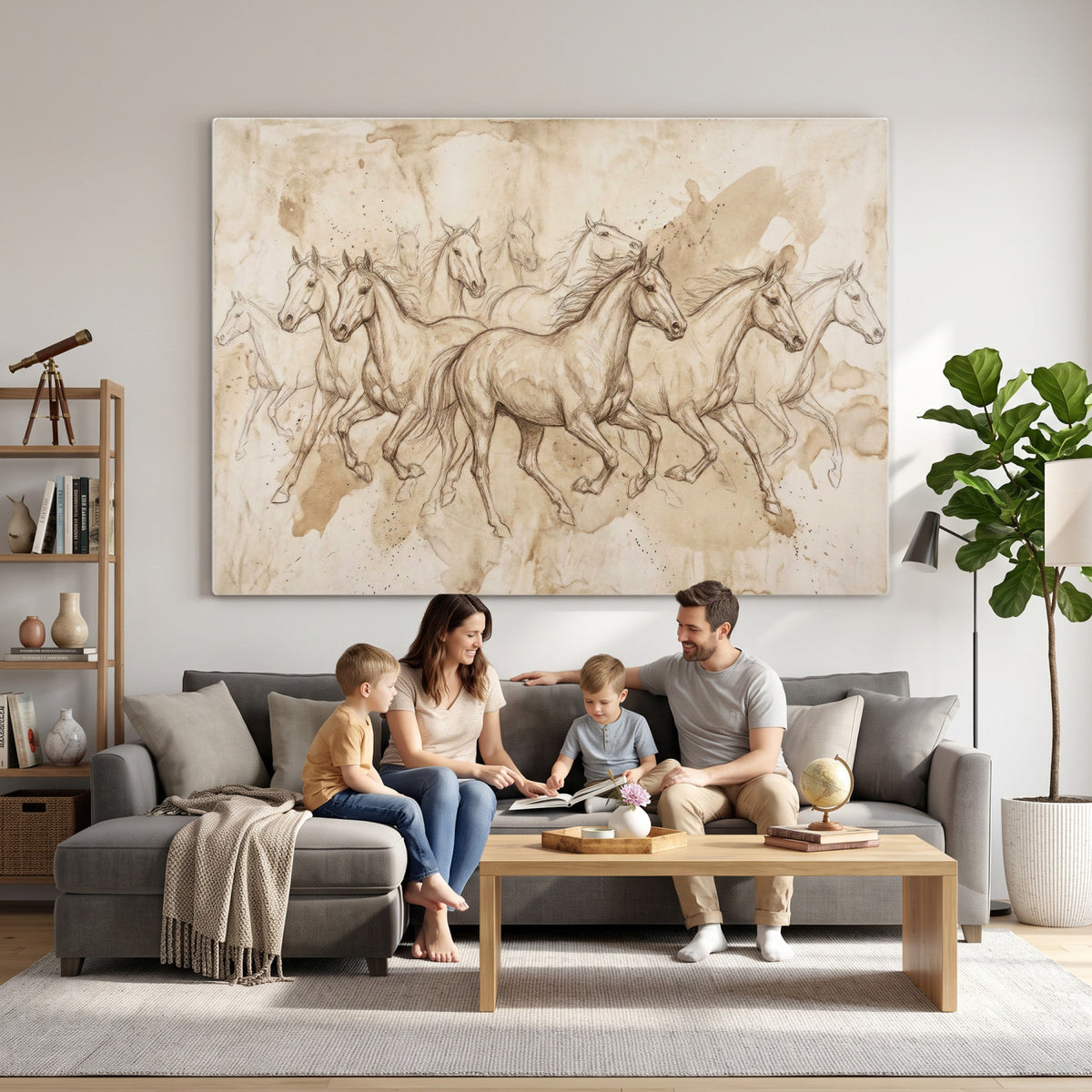 52233469-MGV-CV-36X24 - Vintage Horse Sketch Canvas Wall Art, Wild Horses Pencil Drawing Print, Antique Parchment Western Decor, Equine Sketching, Country Manor Gift