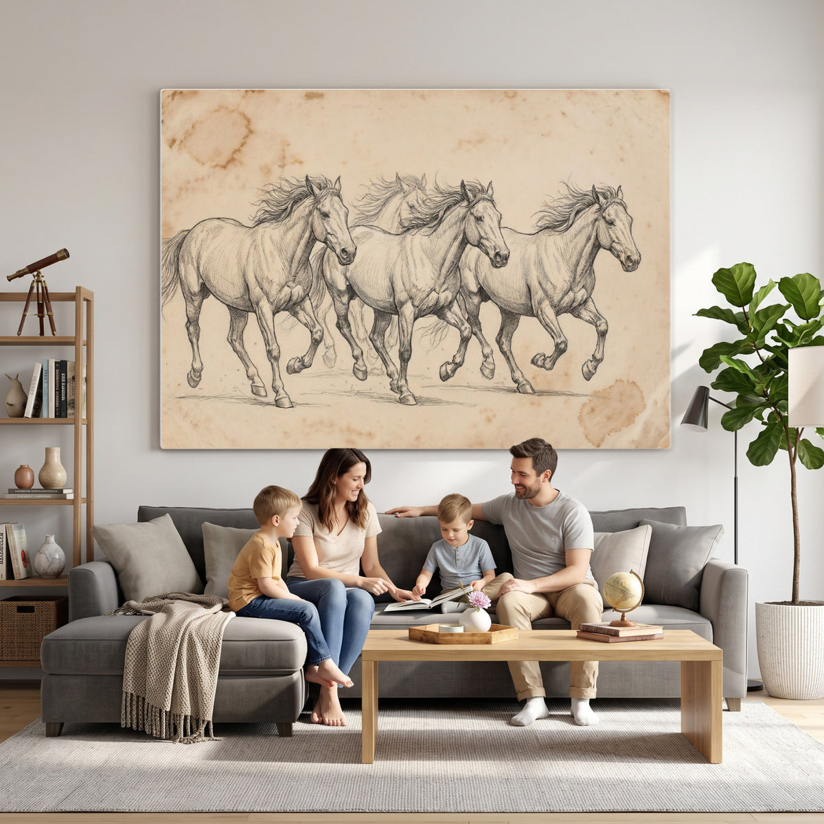 16644391-MGV-CV-36X24 - Vintage Horse Sketch Canvas Wall Art, Wild Horses Pencil Drawing Print, Antique Parchment Western Decor, Equine Sketching, Country Manor Gift