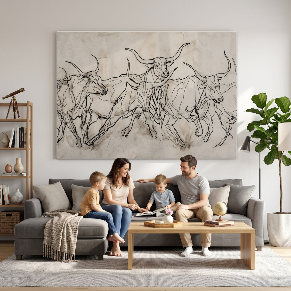 16671245-MGV-CV-36X24 - Minimalist Longhorn Line Art, Modern Texas Bull Canvas Print, Abstract Western Wall Decor, Continuous Line Artwork, Black White Ranch Gift