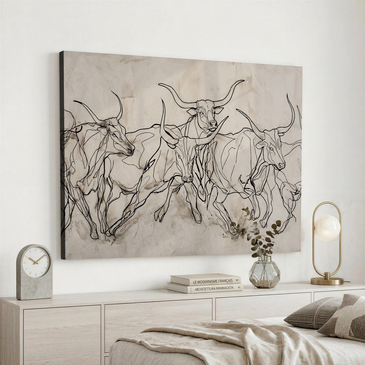16671245-MGV-CV-36X24 - Minimalist Longhorn Line Art, Modern Texas Bull Canvas Print, Abstract Western Wall Decor