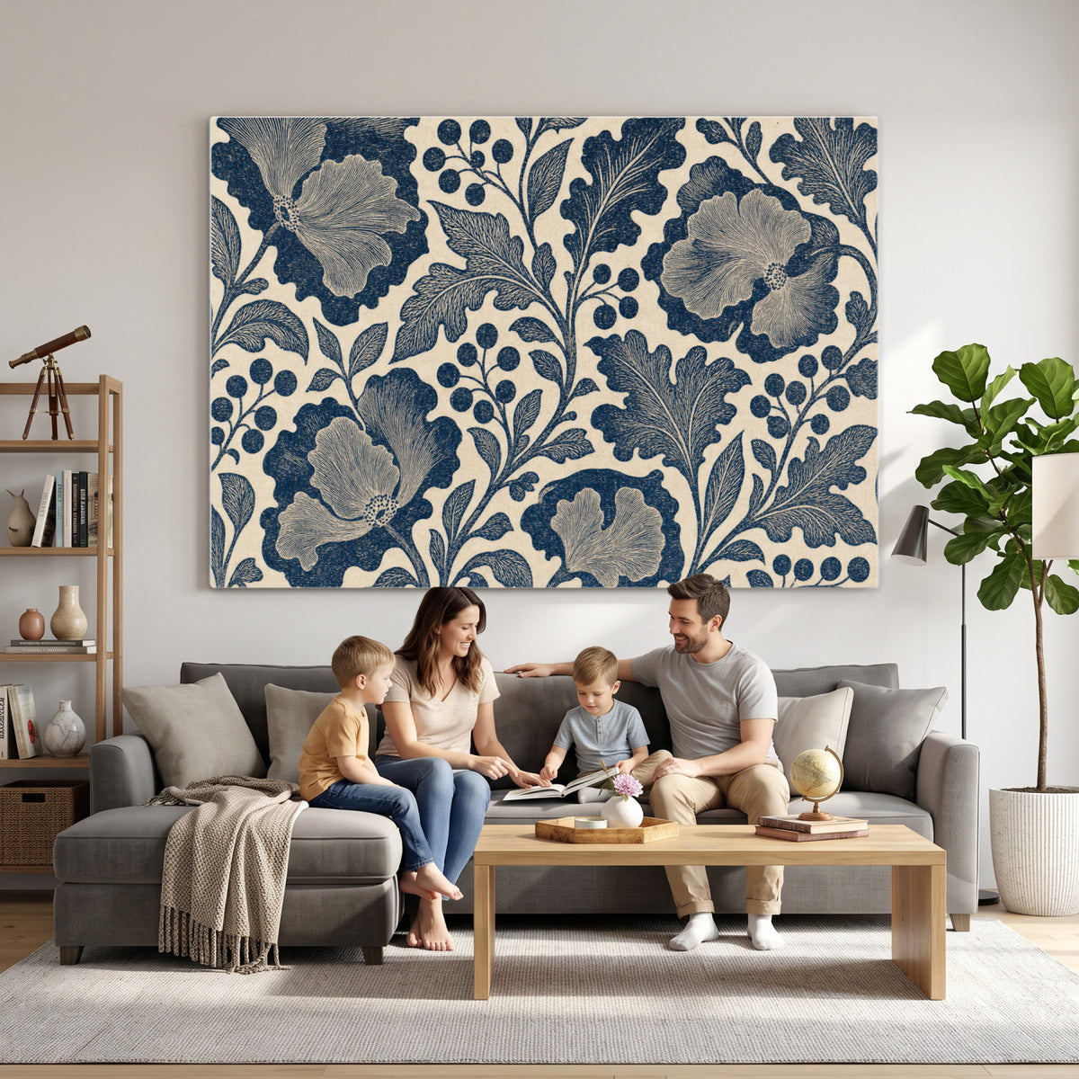 23824002-MGV-CV-36X24 - William Morris Style Navy Blue Floral Wall Art Canvas Print, Vintage Cream Botanical Painting Print