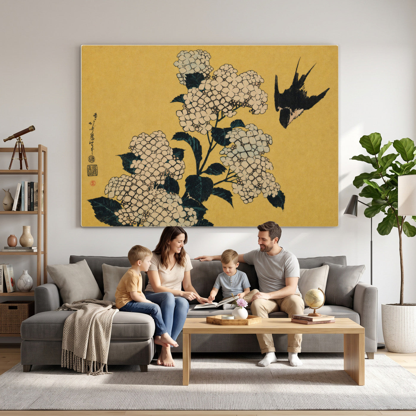 92483501-MGV-CV-36X24 - Katsushika Hokusai Hydrangea and Swallow Wall Art Canvas Print, Japanese Woodblock Painting Print