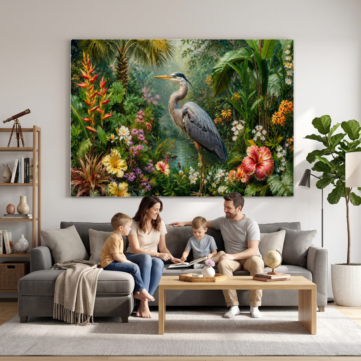 81059387-MGV-CV-36X24 - Great Blue Heron Tropical Jungle Wall Art Canvas Print, Exotic Botanical Garden Painting Print