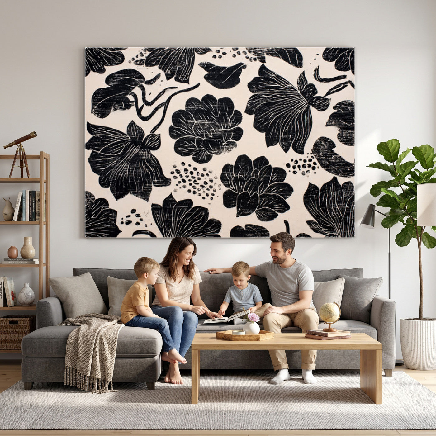 81787117-MGV-CV-36X24 - Linocut Black Lotus Floral Wall Art Canvas Print, Vintage Monochrome Botanical Painting Print