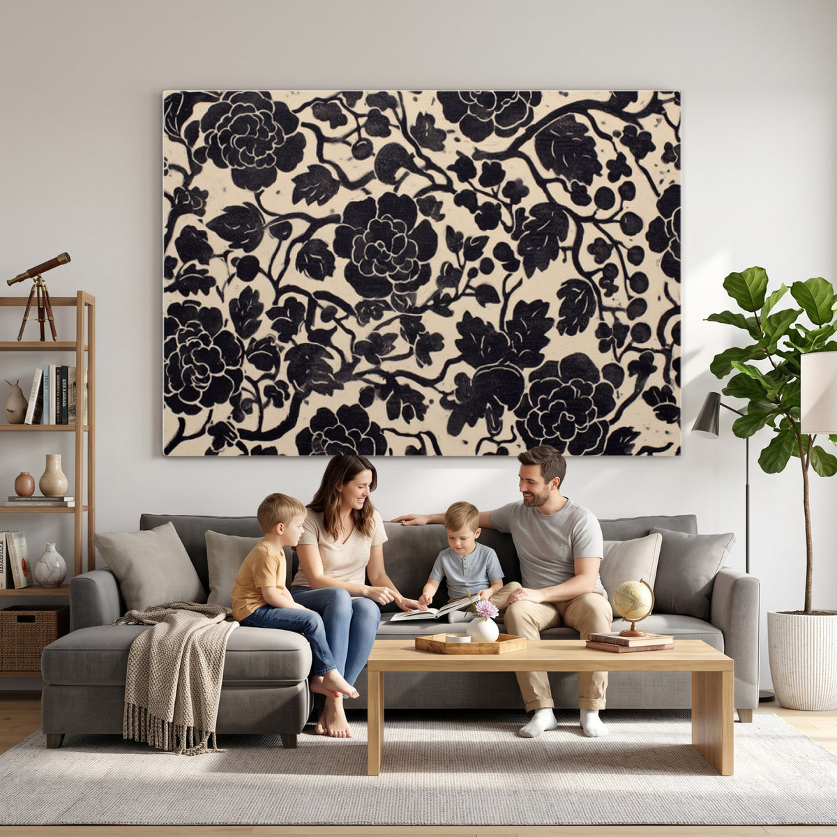 86696255-MGV-CV-36X24 - Vintage Black and Cream Floral Wall Art Canvas Print, Chinoiserie Botanical Painting Print