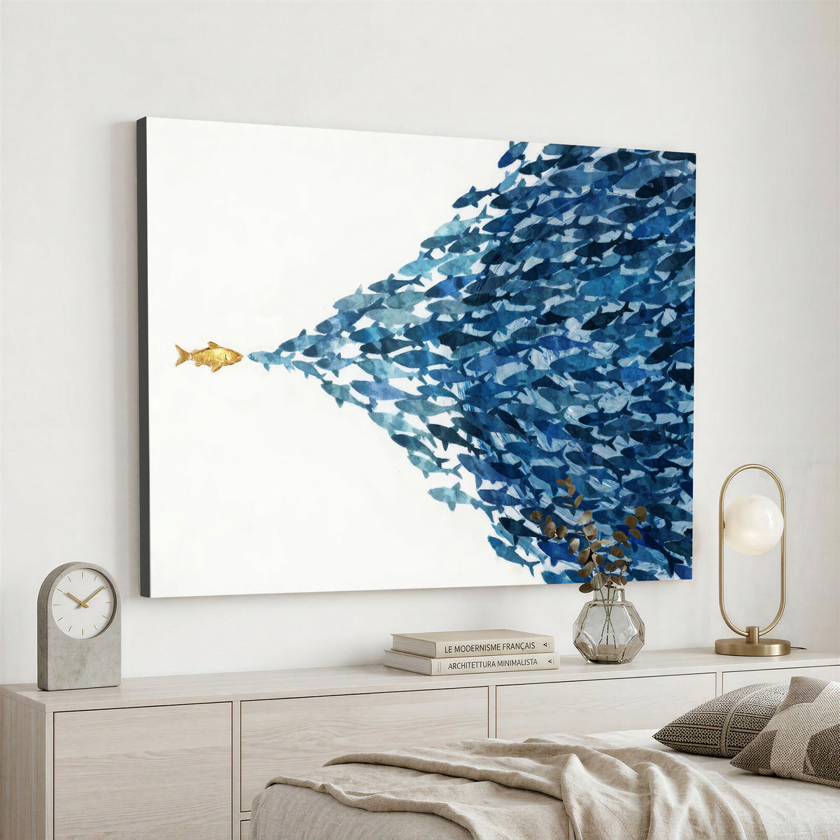 79089639-MGV-CV-36X24 - Abstract Blue Fish School Canvas Wall Art, Gold Foil Accent Marine Print
