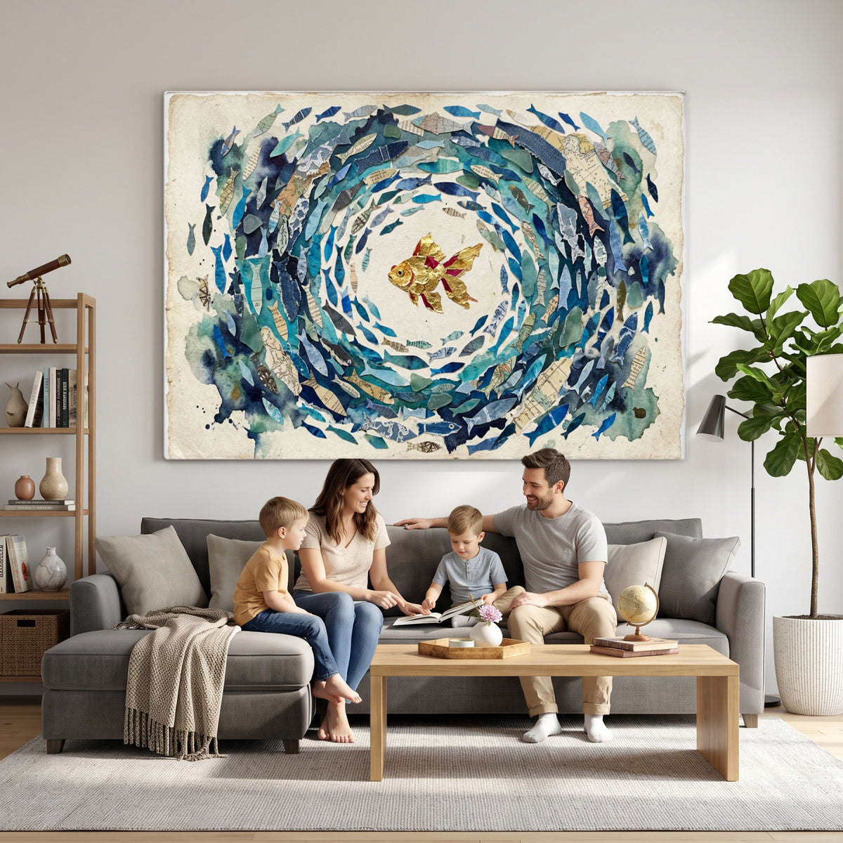 73165663-MGV-CV-36X24 - Mixed Media Blue Fish Swirl Canvas Wall Art, Goldfish Collage Ocean Print