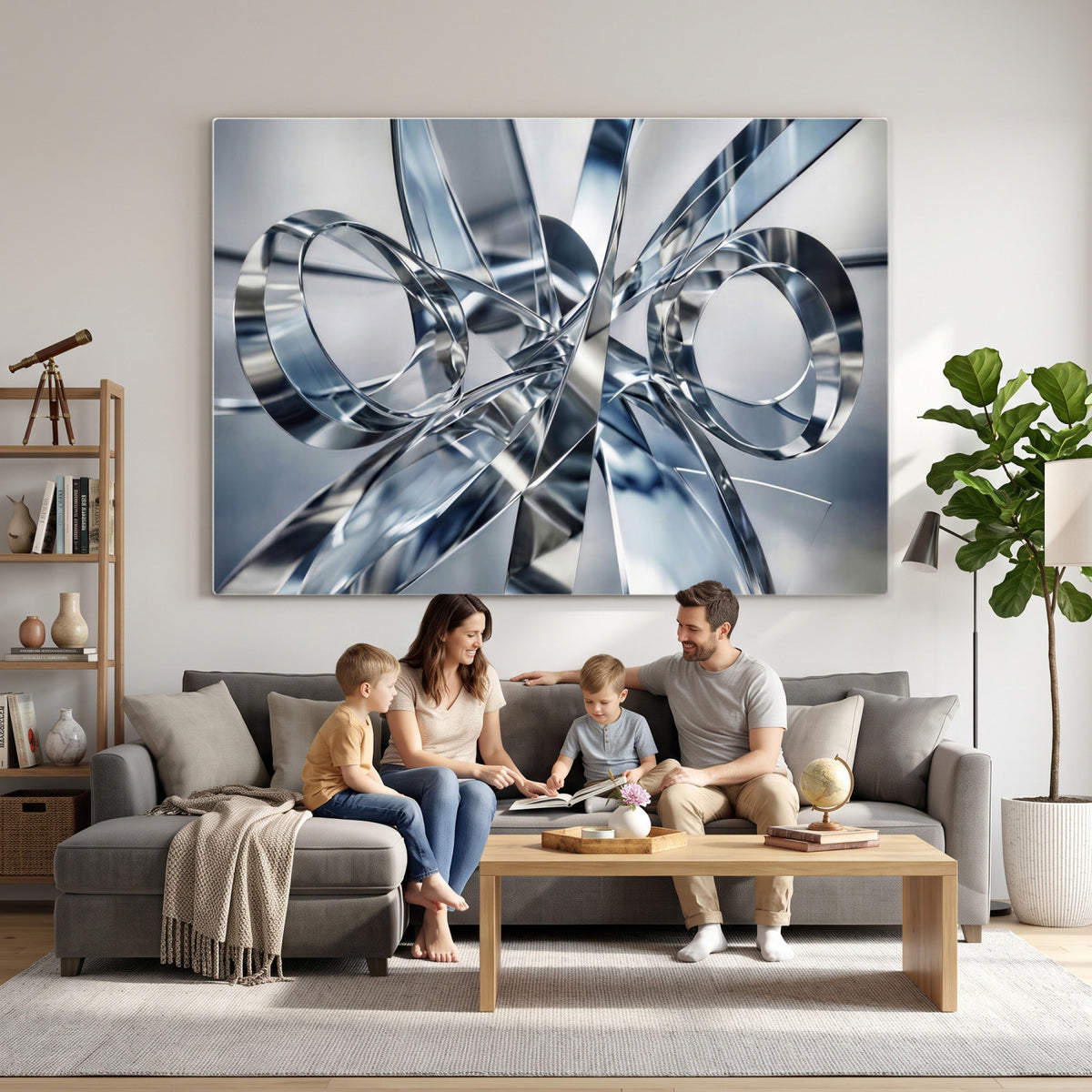 70036312-MGV-CV-36X24 - Modern Chrome Abstract Canvas Wall Art, Futuristic Silver Metallic Print