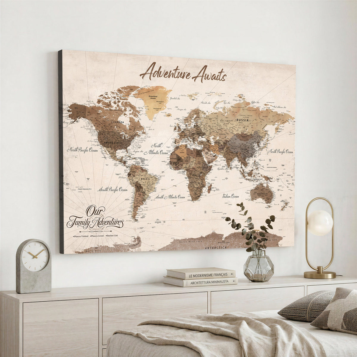 84865191-MGV-CV-36X24 - Our Family Adventures Push Pin World Map Wall Art Canvas Print - Family Travel Tracker Map with Pins