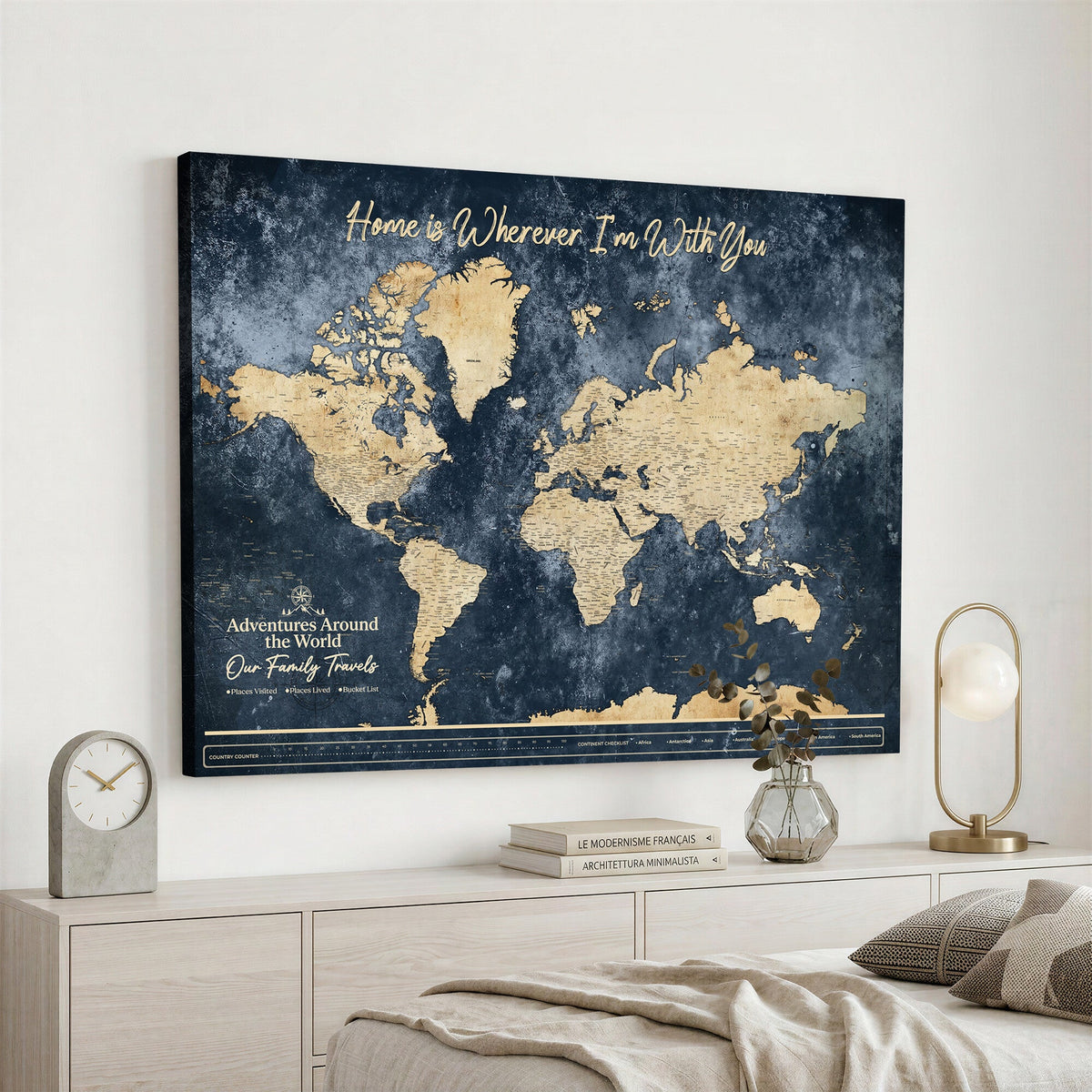98668848-MGV-CV-36X24 - Our Family Adventures Push Pin World Map Wall Art Canvas Print - Family Travel Tracker Map with Pins